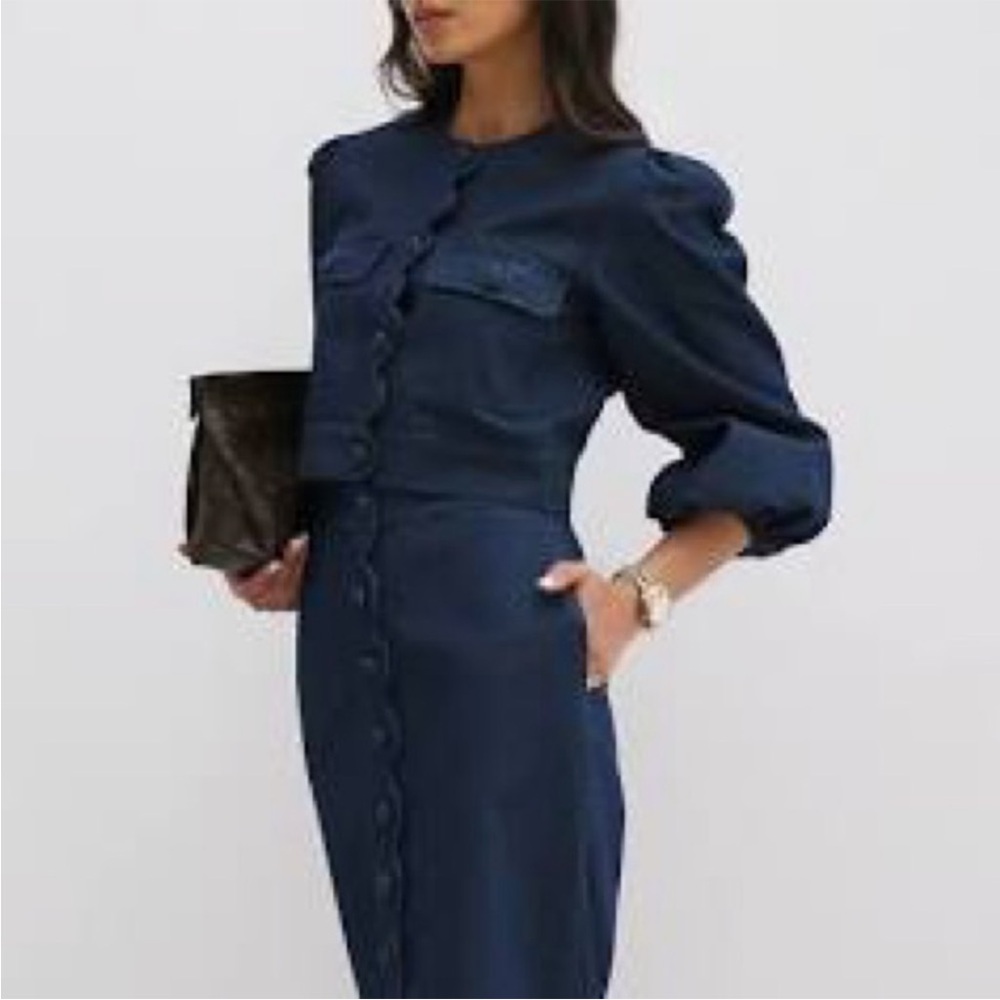 Women's Navy Button-Front Puff Sleeve/Pencil Skirt Set